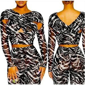 Naked Wardrobe Wrap Top New Size S Black White Zebra Print Sheer